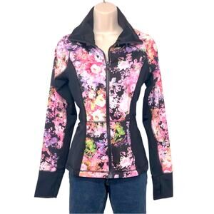 Cynthia Rowley Floral Black Zip Front Jacket Sporty Athletic Stylish